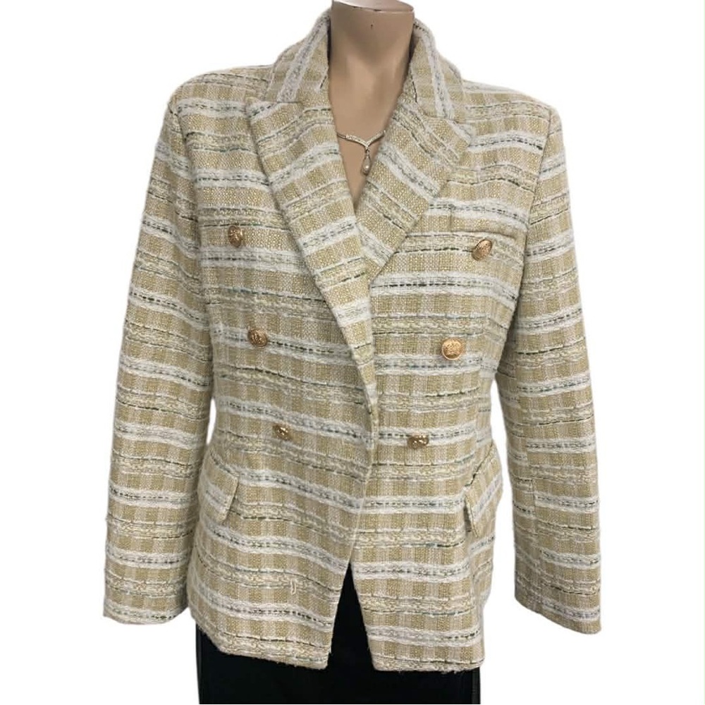 Zac & Zoe Elegant Beige Plaid Blazer with Gold Buttons Size XL